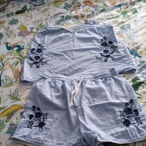 Blue Striped Embroidered Two-Piece pajamaa.et